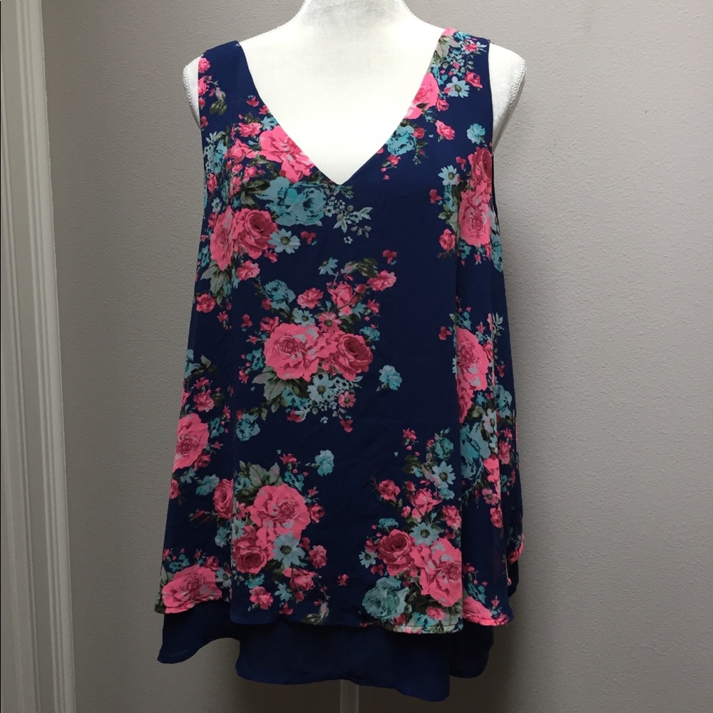 Torrid Top Blouse Floral Sleeveless Blue Pink 1X